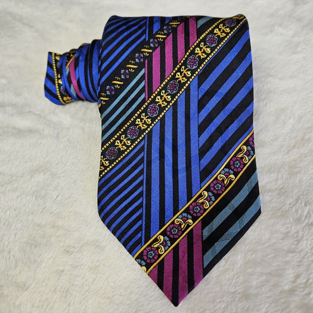 VERSACE V2 Mens Silk Tie Vibrant Color Vintage Blue Purple Gold Wedding Designer